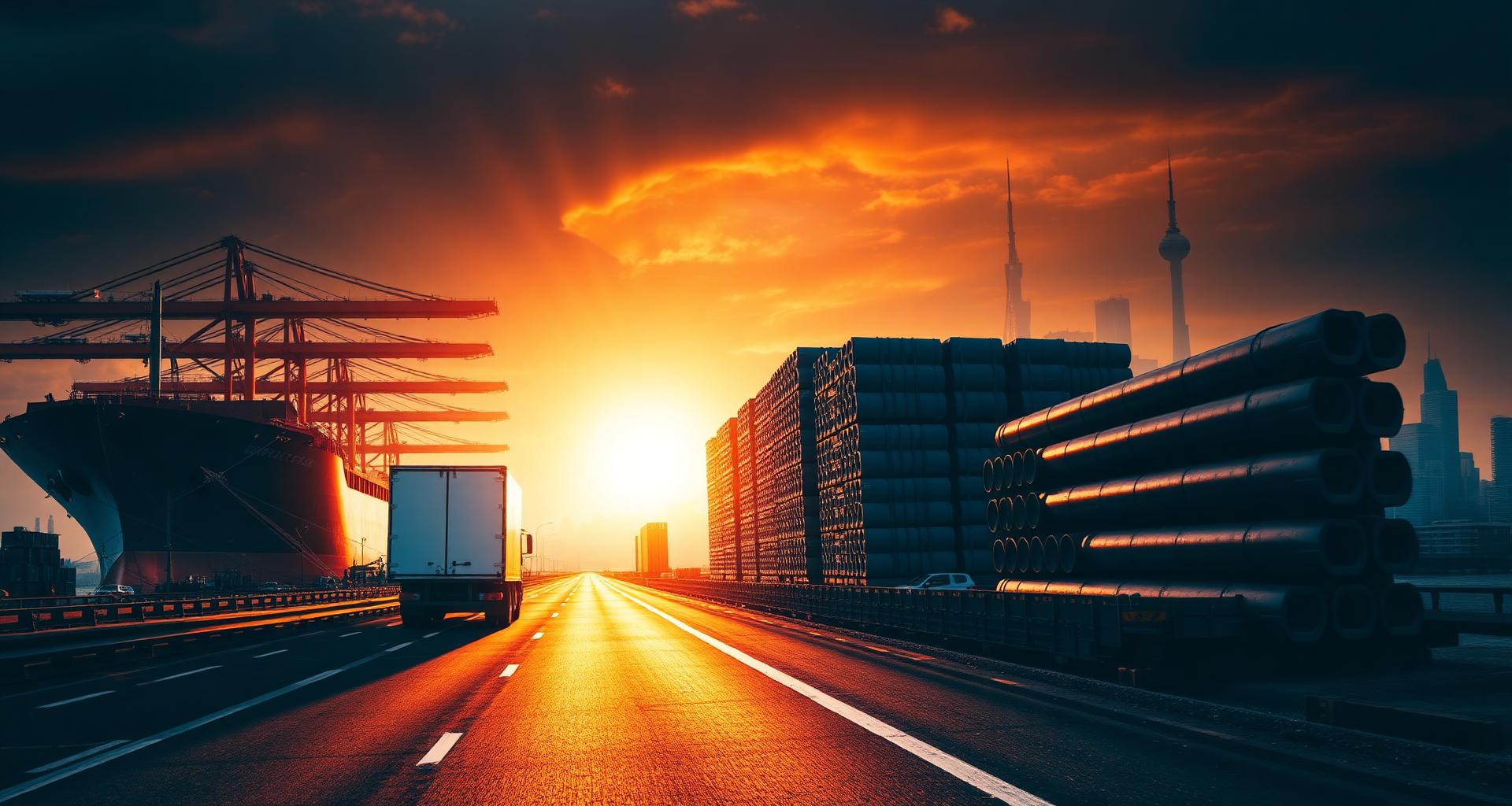 Global shipping port at sunset